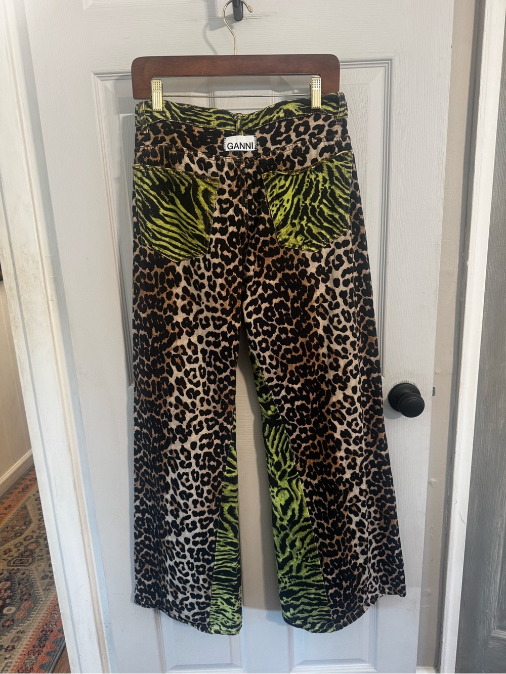 Ganni Leopard Wide-Leg Pants with Green Zebra Panel - Picture 4 of 7